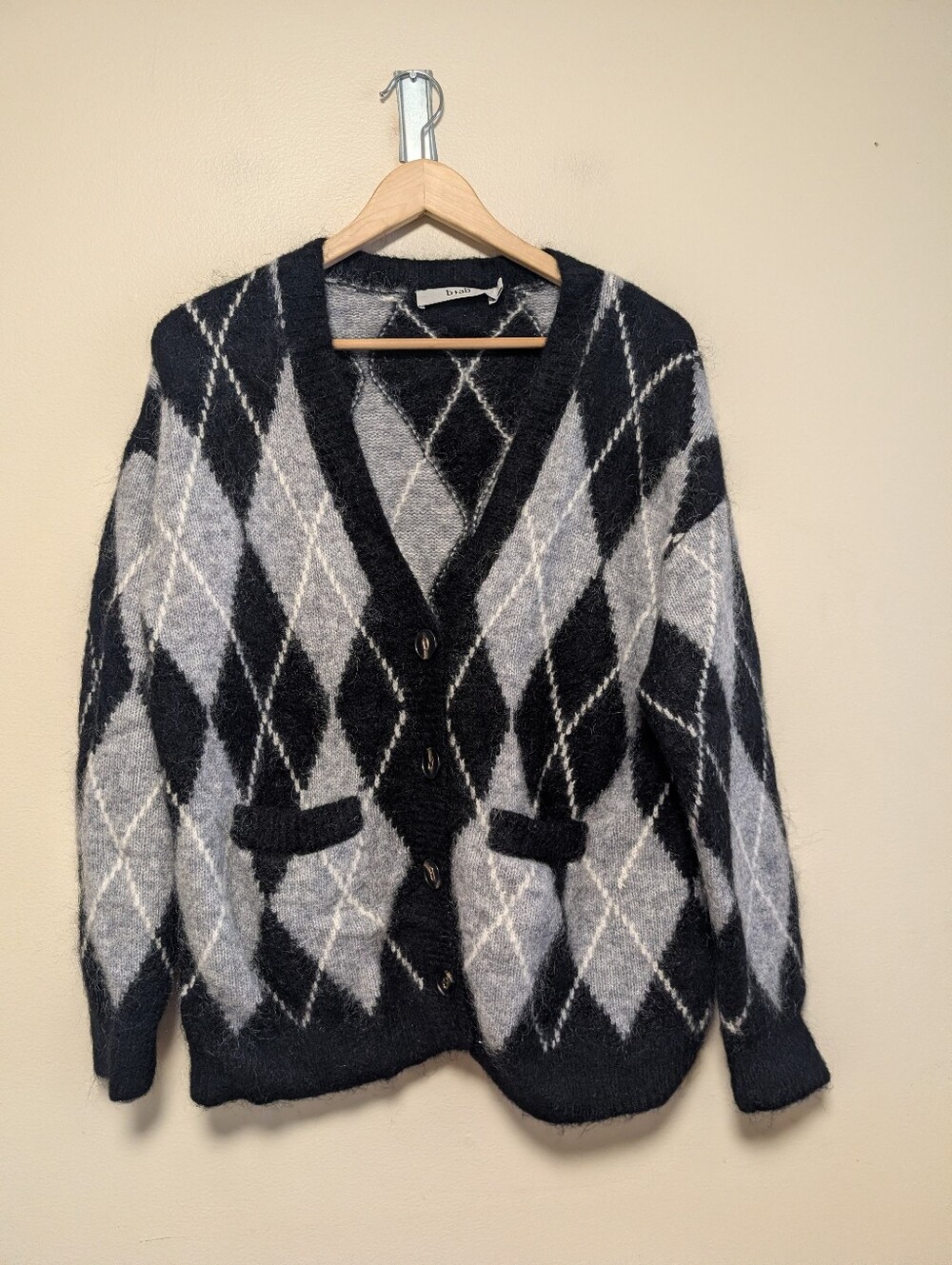 b+ab Argyle Fuzzy Cardigan XS Black Gray Preppy Academia